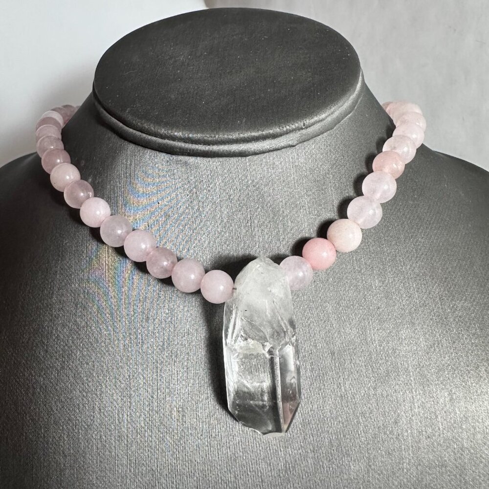 Clear Crystal Quartz Rose Quartz Pendant Necklace Handmade Silver Choker Gift - Picture 8 of 10